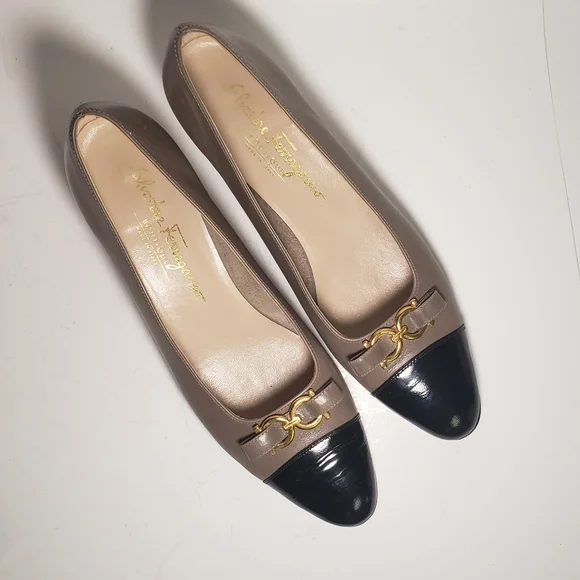 Ferragamo Tan and Black Gold Logo Heels - Picture 7 of 8